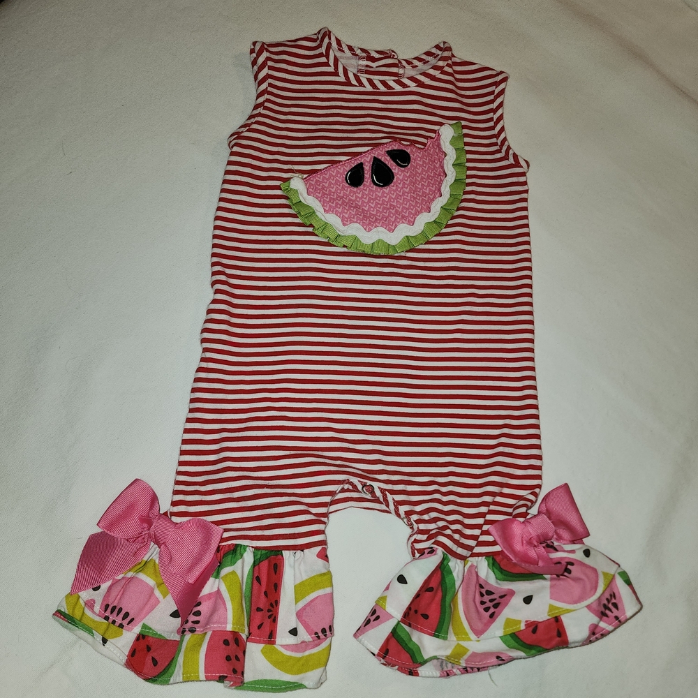 Ricrac & Ruffles Adorable Striped Romper With a Watermelon Design